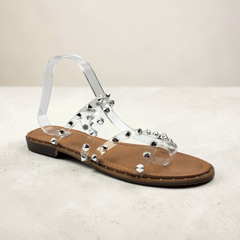 C Comfort Womens Clear Strappy Studded Flat Sandals Silver Pyramid Studs Sz 11